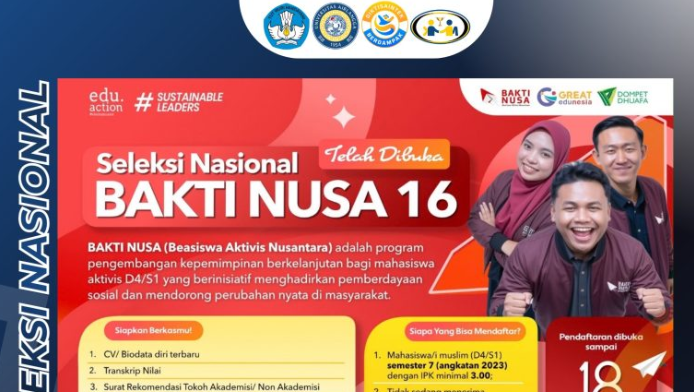 Beasiswa BAKTI NUSA 16 Dibuka, Mahasiswa Semester 7 Bisa Dapat Dana Rp500 Ribu per Bulan hingga Pendampingan Karier